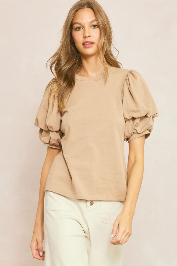 Bubble Sleeve Cotton Top | Taupe