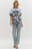 Floral+Striped Lantern Sleeve Top | Navy