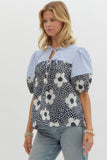 Floral+Striped Lantern Sleeve Top | Navy