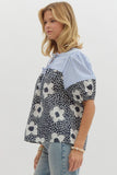 Floral+Striped Lantern Sleeve Top | Navy