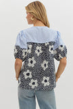 Floral+Striped Lantern Sleeve Top | Navy