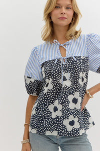 Floral+Striped Lantern Sleeve Top | Navy