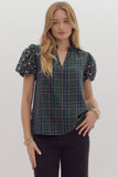 Tartan Plaid Pearl Detailed Top | Green