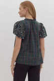 Tartan Plaid Pearl Detailed Top | Green