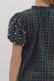 Tartan Plaid Pearl Detailed Top | Green