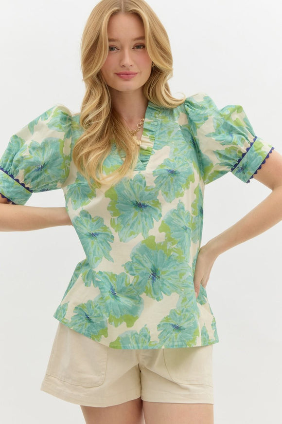 Floral Detailed Trim Top | Mint Mix