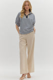 Striped High Neck Elastic Sleeve Top | Navy