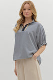 Striped High Neck Elastic Sleeve Top | Navy