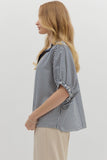 Striped High Neck Elastic Sleeve Top | Navy