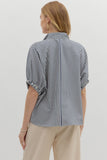 Striped High Neck Elastic Sleeve Top | Navy
