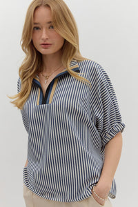 Striped High Neck Elastic Sleeve Top | Navy