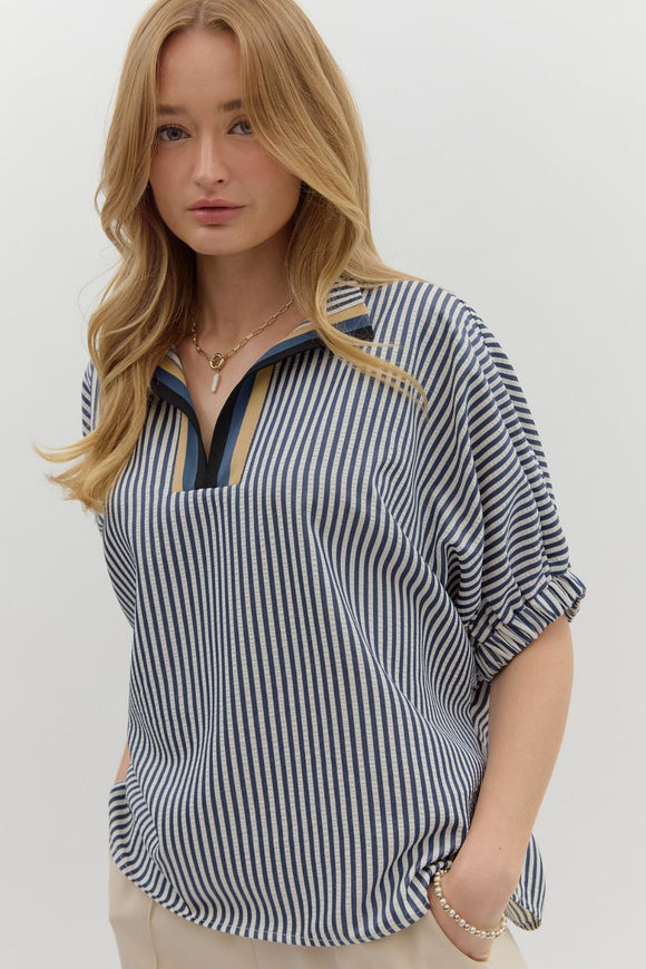 Striped High Neck Elastic Sleeve Top | Navy