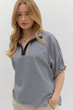 Striped High Neck Elastic Sleeve Top | Navy
