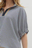 Striped High Neck Elastic Sleeve Top | Navy