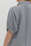 Striped High Neck Elastic Sleeve Top | Navy