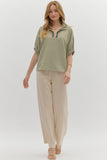 Striped High Neck Elastic Sleeve Top | Olive