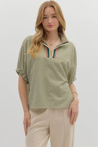 Striped High Neck Elastic Sleeve Top | Olive