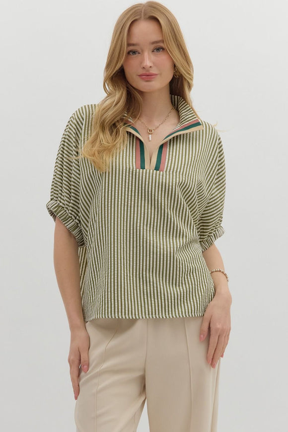 Striped High Neck Elastic Sleeve Top | Olive