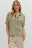 Striped High Neck Elastic Sleeve Top | Olive