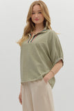 Striped High Neck Elastic Sleeve Top | Olive