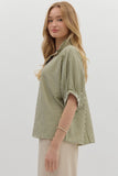 Striped High Neck Elastic Sleeve Top | Olive