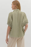 Striped High Neck Elastic Sleeve Top | Olive