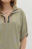 Striped High Neck Elastic Sleeve Top | Olive