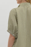 Striped High Neck Elastic Sleeve Top | Olive