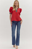 Plaid Trim Puff Sleeve Top | Red