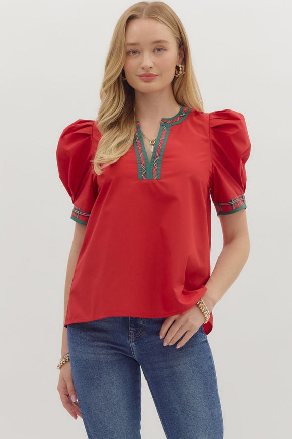 Plaid Trim Puff Sleeve Top | Red