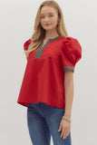 Plaid Trim Puff Sleeve Top | Red