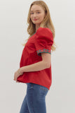 Plaid Trim Puff Sleeve Top | Red