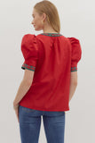 Plaid Trim Puff Sleeve Top | Red