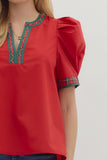Plaid Trim Puff Sleeve Top | Red