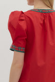Plaid Trim Puff Sleeve Top | Red