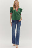 Plaid Trim Puff Sleeve Top | Green