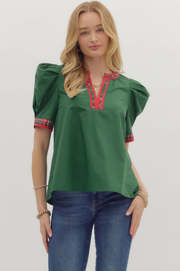 Plaid Trim Puff Sleeve Top | Green
