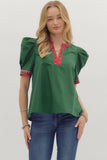 Plaid Trim Puff Sleeve Top | Green