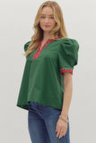 Plaid Trim Puff Sleeve Top | Green