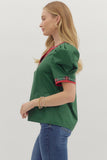 Plaid Trim Puff Sleeve Top | Green