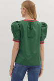 Plaid Trim Puff Sleeve Top | Green