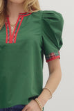 Plaid Trim Puff Sleeve Top | Green