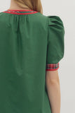 Plaid Trim Puff Sleeve Top | Green