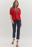 Plaid Trim Split Neck Top | Red