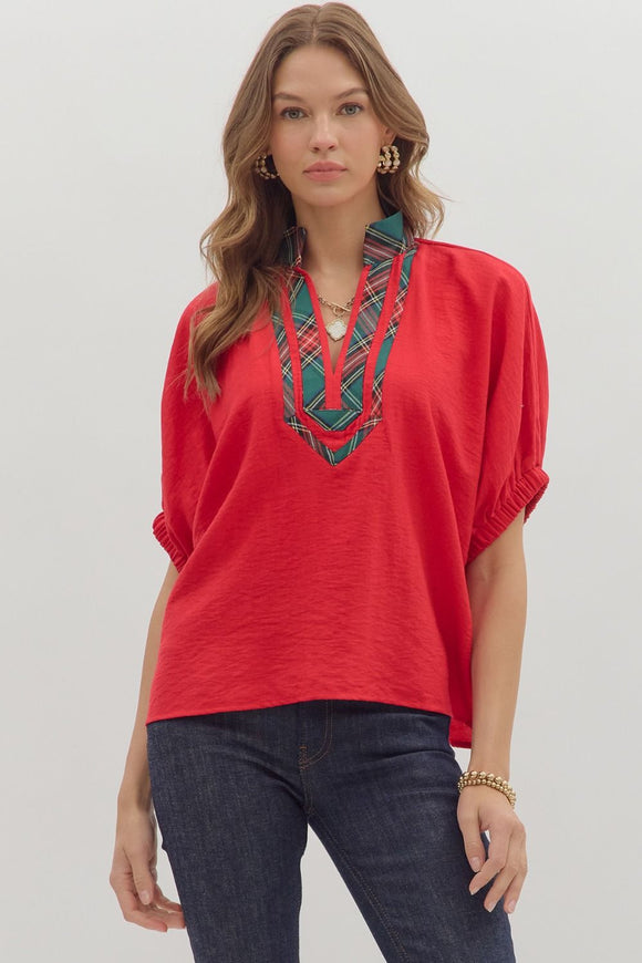 Plaid Trim Split Neck Top | Red