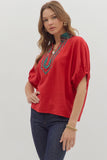 Plaid Trim Split Neck Top | Red