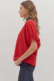 Plaid Trim Split Neck Top | Red