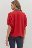 Plaid Trim Split Neck Top | Red
