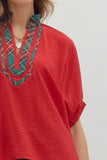 Plaid Trim Split Neck Top | Red