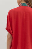 Plaid Trim Split Neck Top | Red
